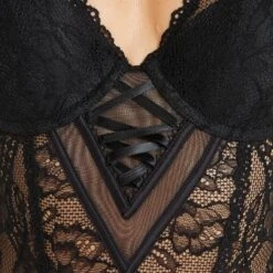 Body Ampliforme en Dentelle Noire à Manches Courtes – Lingerie Graphique et Décolleté Plongeant -ROUGEGORGE 11250100 Z