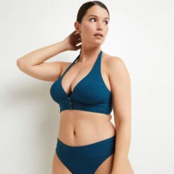 Lotus Maillot de Bain Triangle Bleu Canard – Haut de Bikini Côtelé à Boutons Fantaisie -ROUGEGORGE 20021102 C