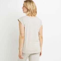 Bambi Beige Cotton-Viscose Blend – Openwork Shoulder Short Sleeve Pyjama Tee -ROUGEGORGE 20070502 D