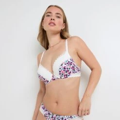 Soutien-Gorge Ampliforme Plongeant DOUCE - Microfibre Blanche Imprimé Floral et Dentelle