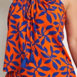 Top à Fines Bretelles DESTIN Multicolore Orange – Motifs Végétaux et Pompons Style Bohème -ROUGEGORGE 21131400 Z