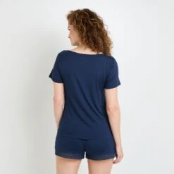 Camille Tee-shirt Manches Courtes Marine – V-Neck Lace Detail Ecovero Viscose Sleep Top -ROUGEGORGE 21141201 D