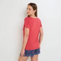 Camille Tee-shirt de Nuit Corail – Viscose Ecovero et Col V Dentelle Raffinée -ROUGEGORGE 21210004 D