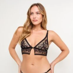 Soutien-gorge Brassière MARTINE Noir en Dentelle de Calais – Bralette sans Armatures à Fermeture Avant