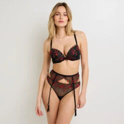 Porte-Jarretelles GALA Noir à Broderie Florale Multicolore - Lingerie Fine en Tulle -ROUGEGORGE 21243700 D