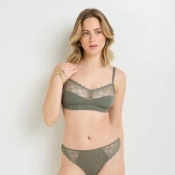 BRASSIERE SANS ARMATURE DENTELLE ET MICROFI KAKI