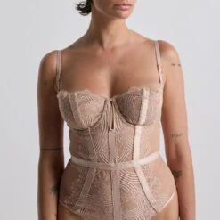 Body Balconnet Ambre Rose Poudré en Dentelle Bohème et Tulle -ROUGEGORGE 21304300 D
