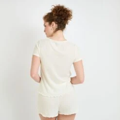 HABY Tee-shirt Manches Courtes Beige à Mailles Côtelées et Bordures Festonnées -ROUGEGORGE 21318901 D