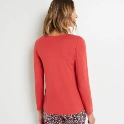 Haut de Pyjama Syara Rose - T-shirt Manches Longues à Col V Dentelle -ROUGEGORGE 43186902 D