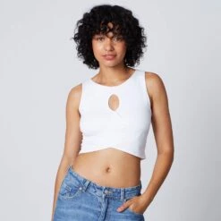 IRIS White Microfiber Crop Top – Crossed Front Sporty Bralette with Integrated Support