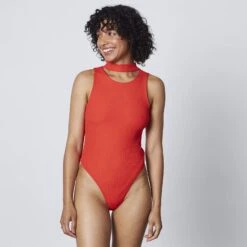 Body ISA Rouge Côtelé – Collier Textile et Brassière Intégrée – Body String de Fête -ROUGEGORGE 77021200 D