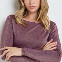 leel Underwear ISALYS Violet Lurex – Shimmering Deep Square Back Long Sleeve Bodysuit -ROUGEGORGE 77021700 Z